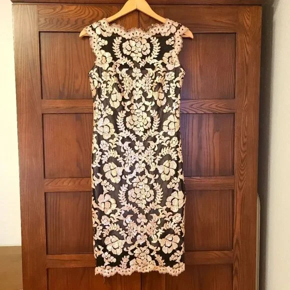 Tadashi Shoji Antique Pink Illusion Sequin Paillette Embroidered Lace Dress - Picture 2 of 15